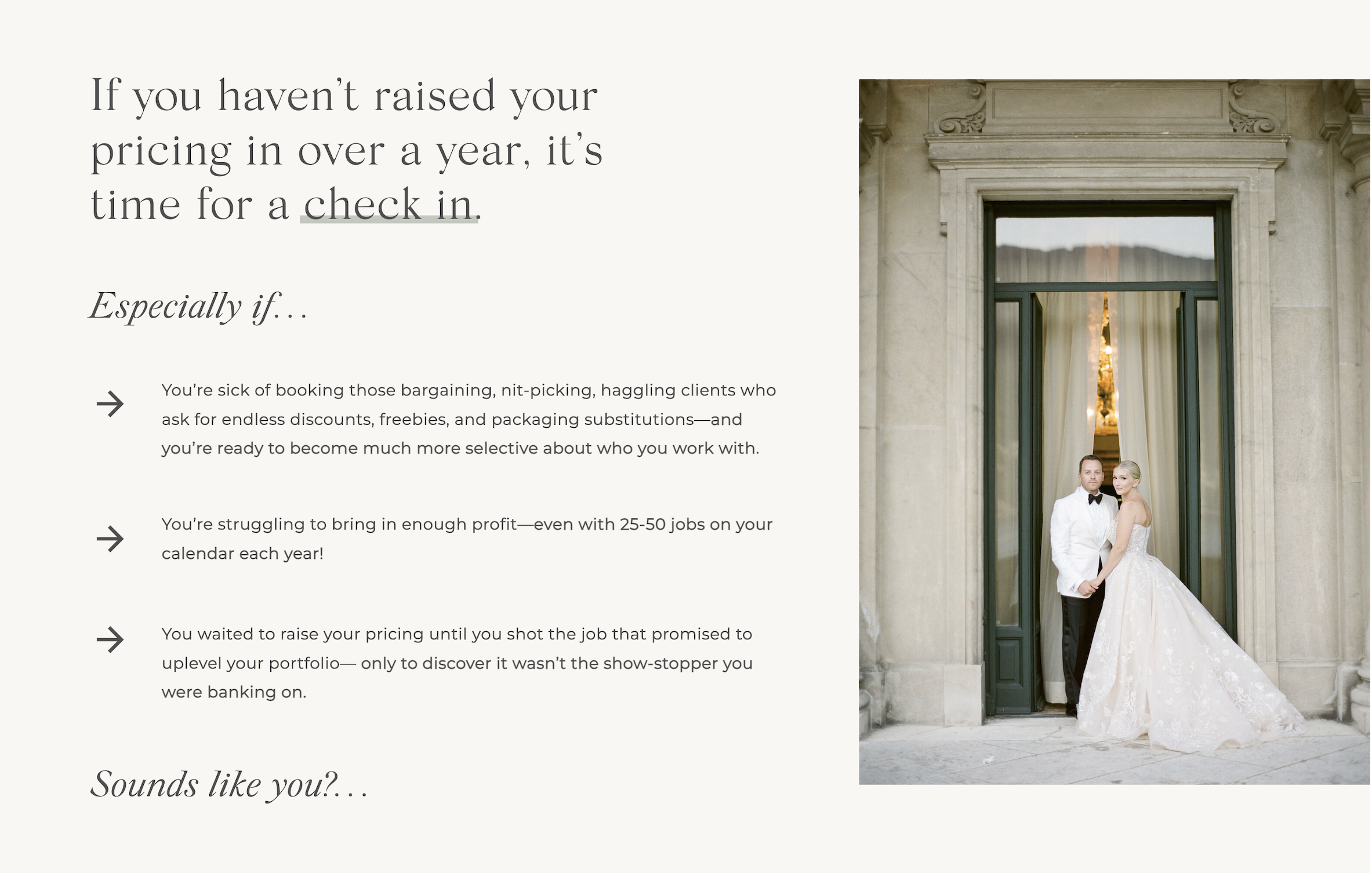 KT Merry Pricing Workshop sales page with bride and groom image