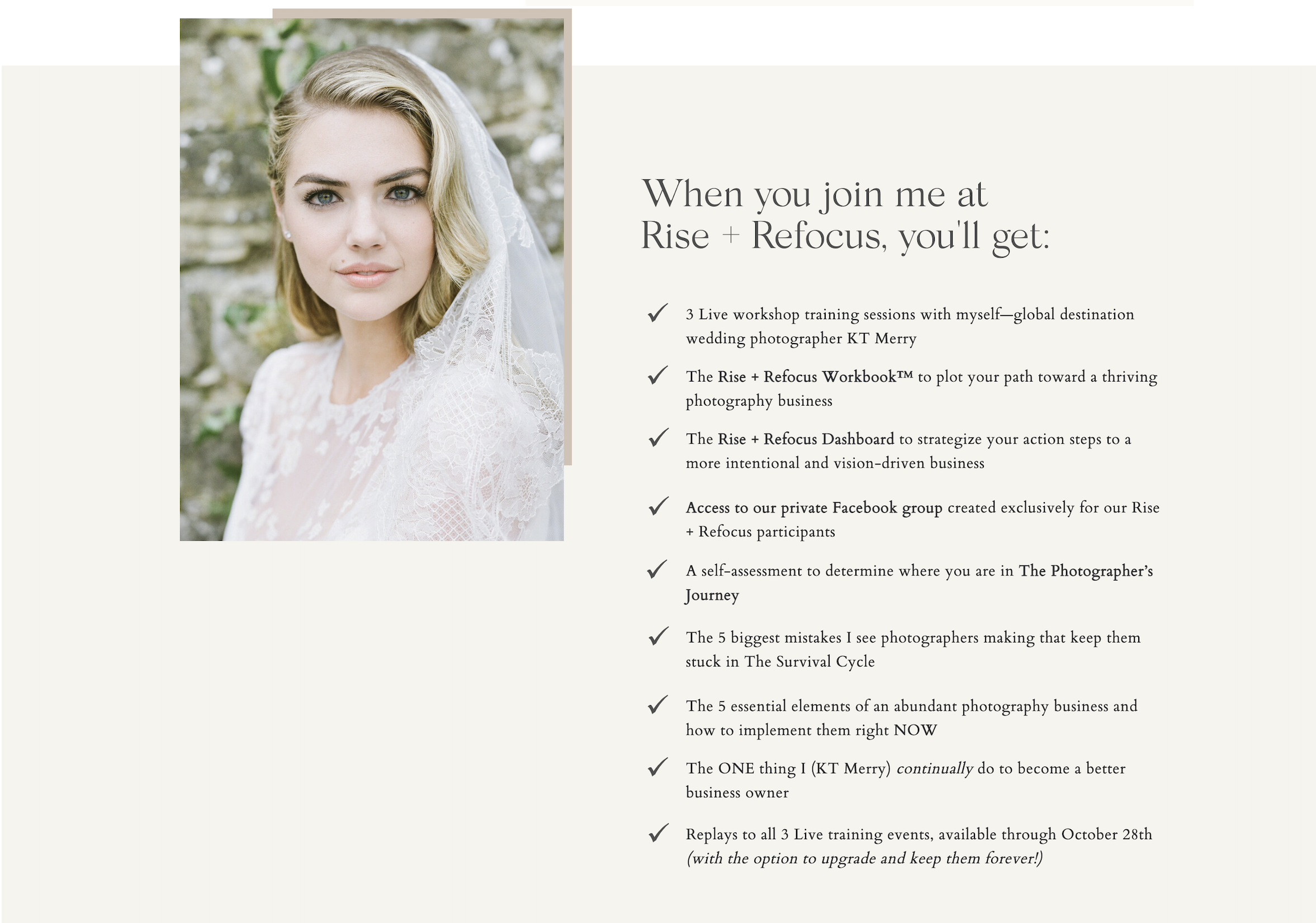 KT Merry webinar opt-in page deliverables with bridal photo of Kate Upton