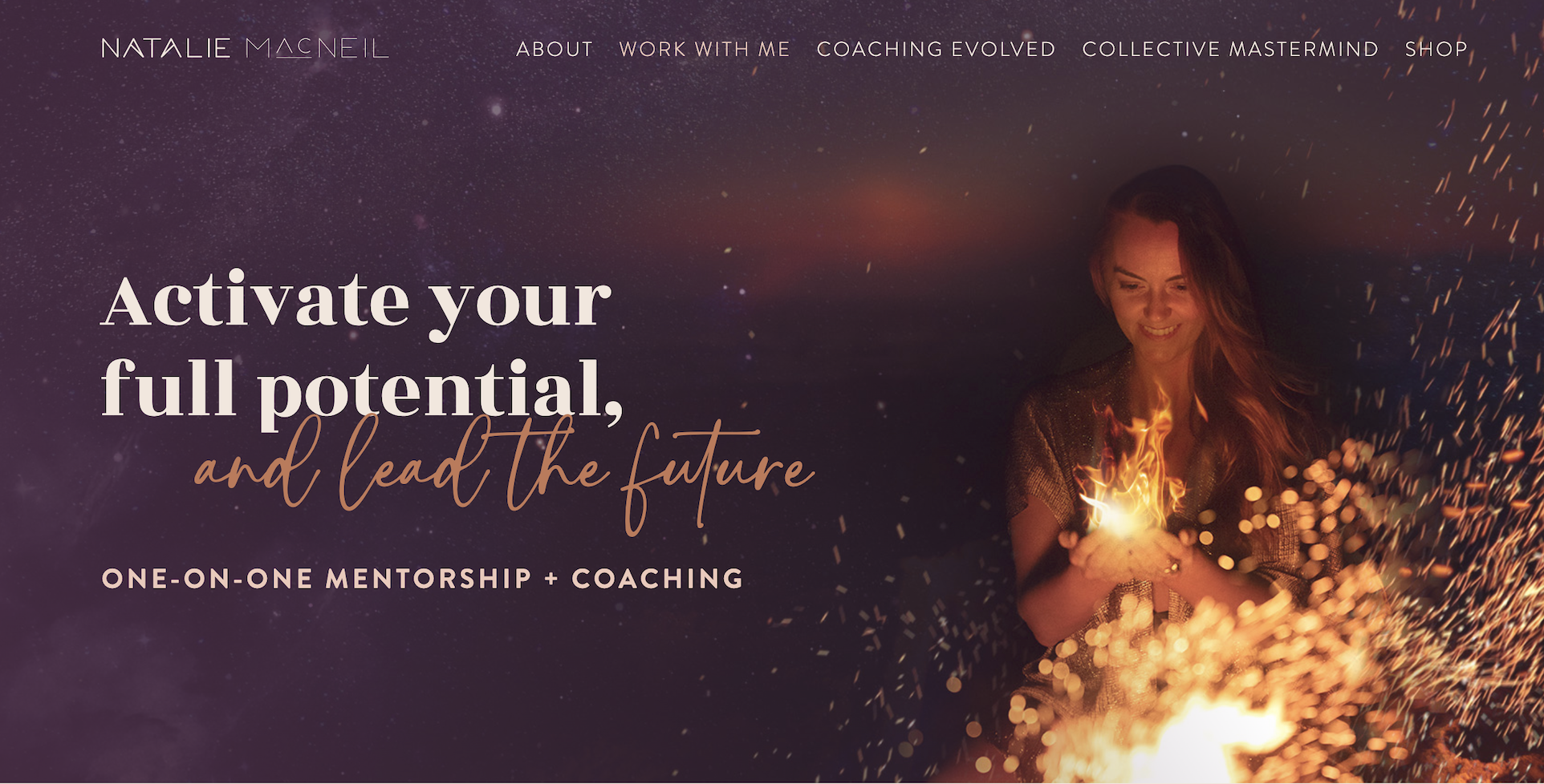 Natatlie MacNeil's mentorship sales page hero with Natalie looking at fire