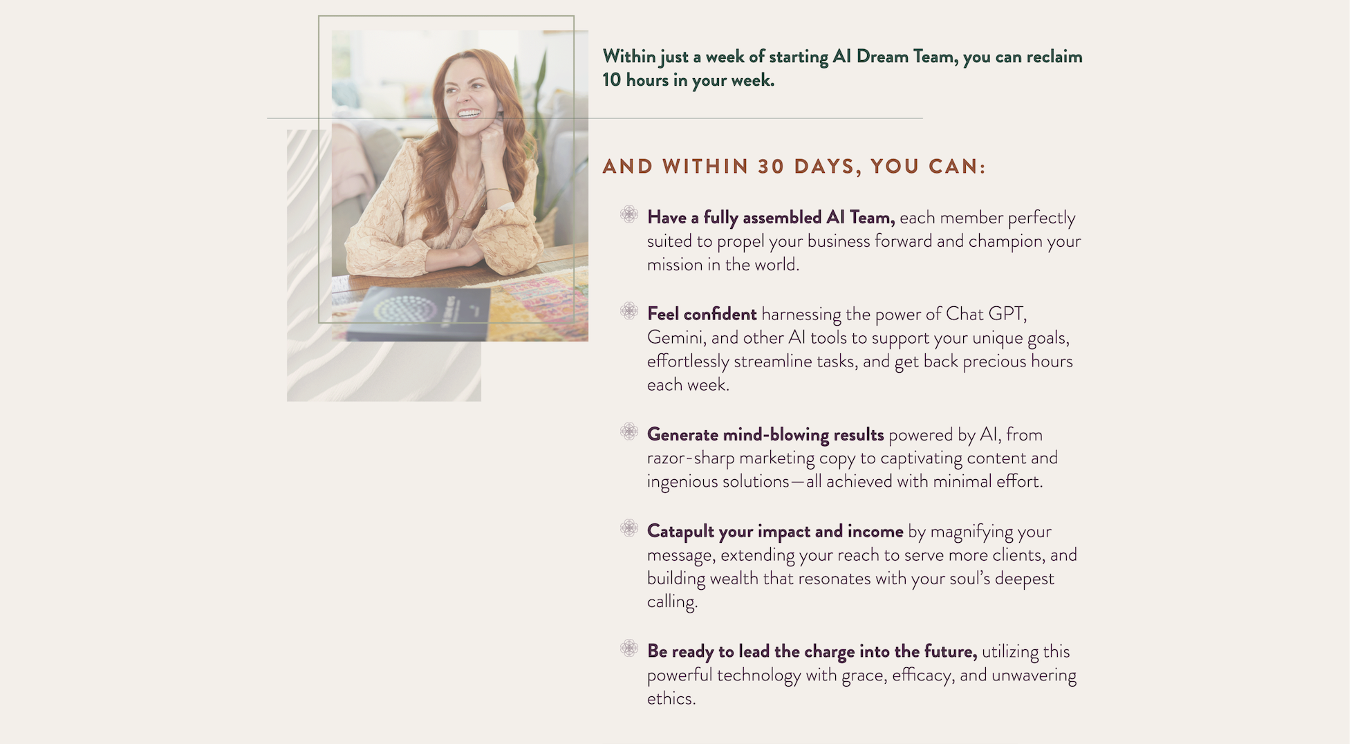 Natalie MacNeil AI Dream Team sales page transformation list
