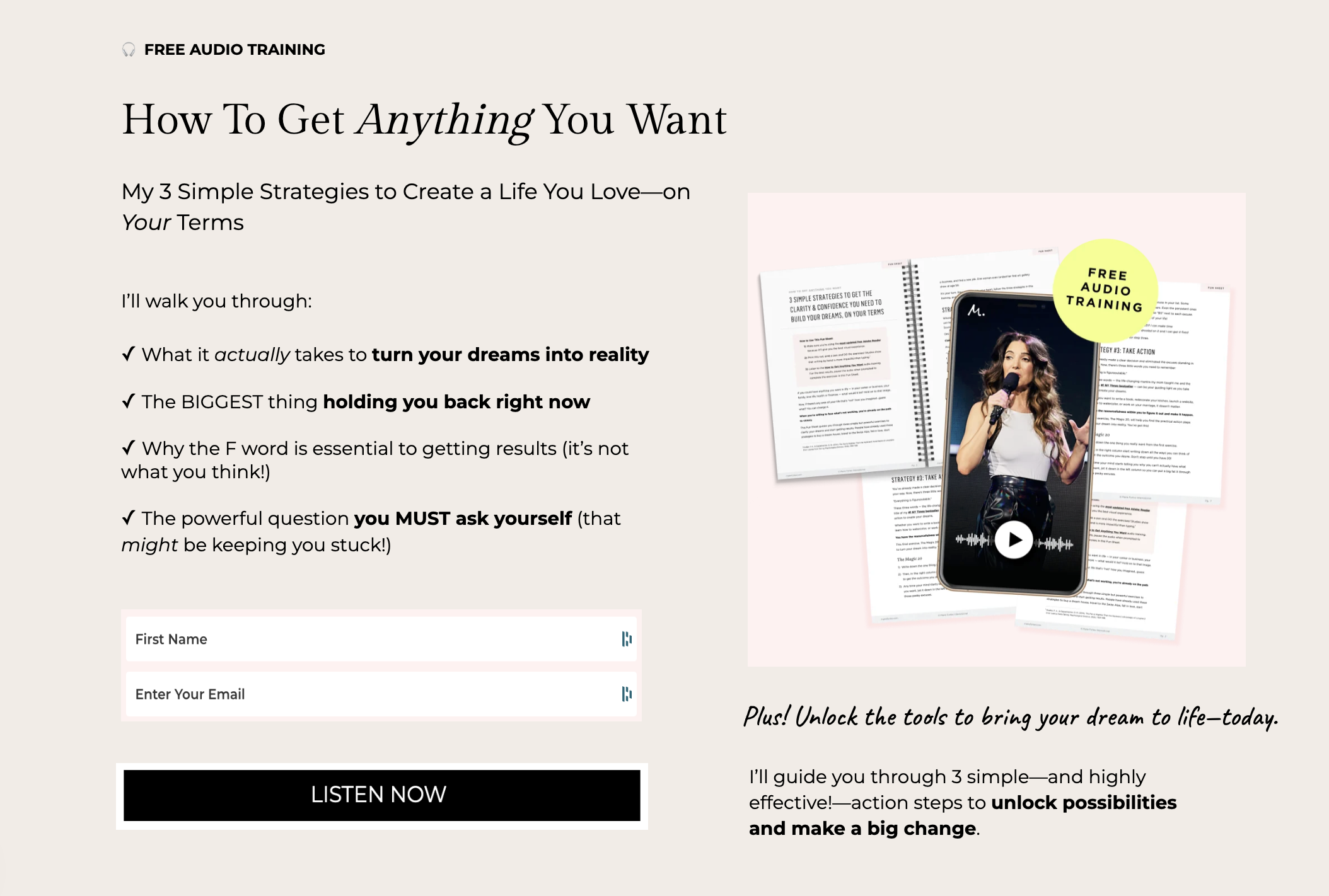 Landing page for Marie Forleo's free audio training to Get Anything You Want