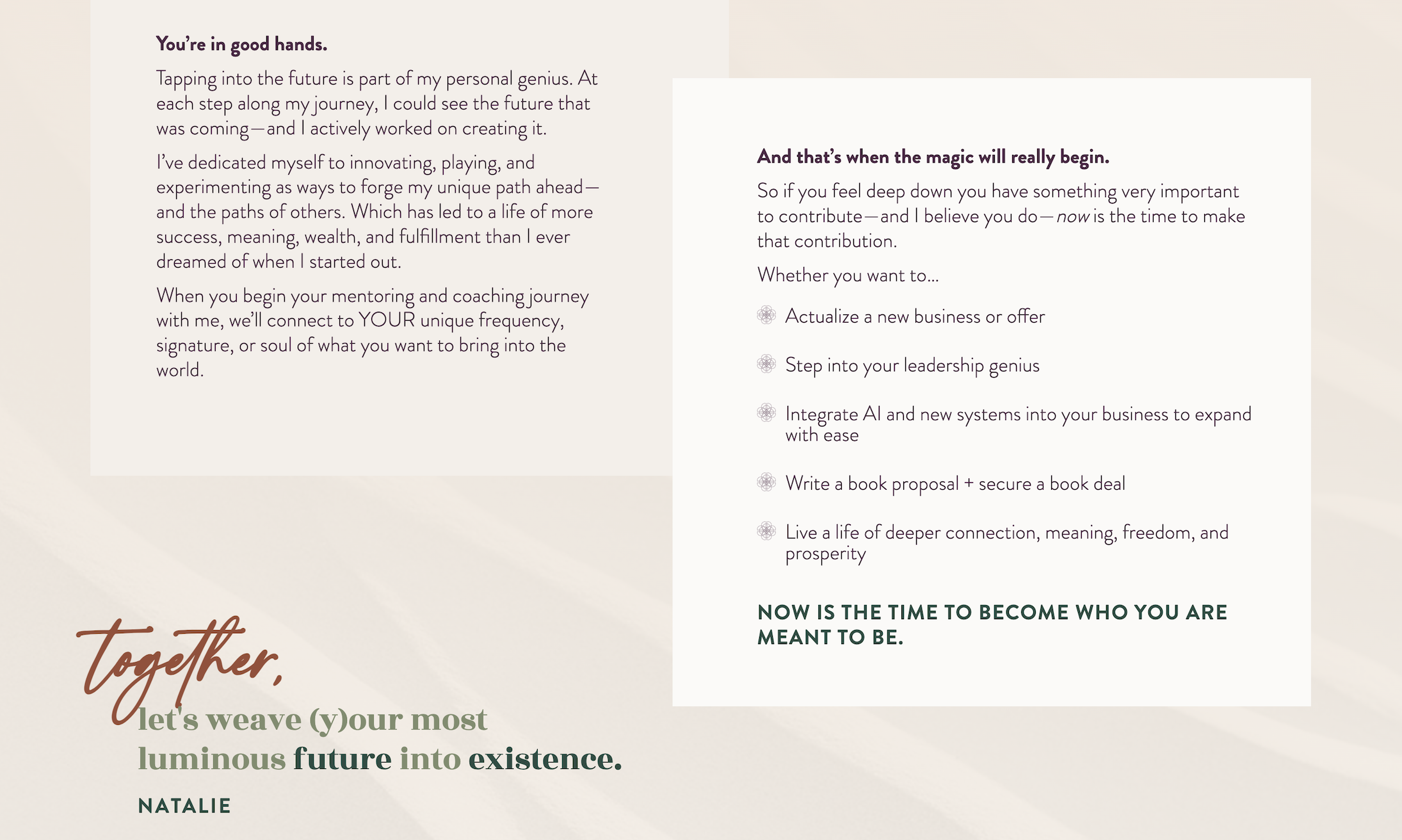Natalie MacNeil's mentorship sales page personal genius