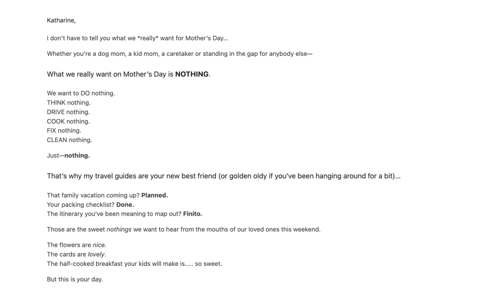 All The Best Days email excerpt for Mother's Day promotion